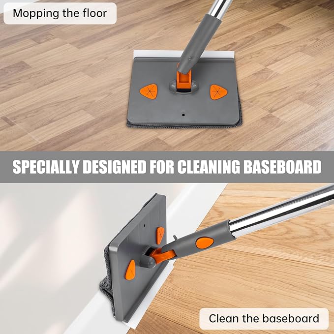 CALBEAU Baseboard Cleaner Tool with Handle, Wall Mop with Squeegee, 8 Pads | 86" Extension Pole, Swivel & Foldable Head, 8 Reusable Pads for Baseboard, Wall, Ceiling, Window, Floor, Dark Gray