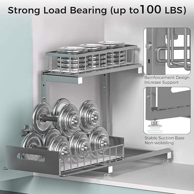 Saydear 2-Pack L-Shaped Under Sink Organizer, 2-Tier Pull-out Cabinet Rack | Grey Height-Adjustable Metal Rack, Sliding Grid Drawers with Safety Stopper, Holds 100 Lbs, Ideal Kitchen Cabinet Storage