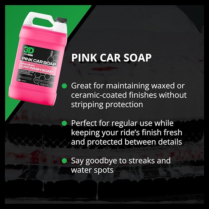 3D Pink Car Wash Soap, 1 Gallon – High Suds pH Neutral Car Shampoo, Cherry Scent, Safe for Ceramic Coatings, Wax & Sealants, Leaves a High Gloss Finish
