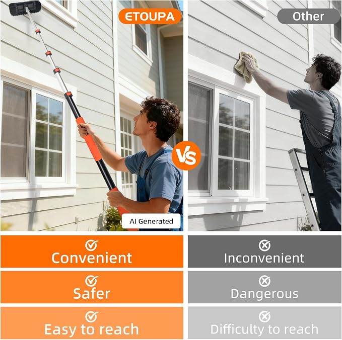 16FT Car Wash Brush with Long Handle, Car Cleaning Brush with 12" Soft Bristle and 12" Hard Bristle, 4-16Ft Telescopic Pole for Scratch-Free Cleaning Truck,RV, Boats,House Siding,Floors,Solar Panels