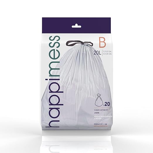 happimess HPM3000B-CLEAR 5.3 Gallon Kitchen Drawstring Trash Bags, Trash Can Liner, Clear, 60-Count, 3-Packs of 20 Liners | Kitchen Can Liners, Drawstring, Heavy Duty LDPE Plastic, Tear-Resistant, Recyclable, Custom Fit