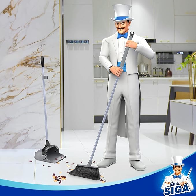 MR.SIGA Broom and Dustpan Set with Adjustable Long Handle, Gray | Stand upright broom with dustpan combo for home, office and garage easy sweeping and storage. 51.7"(131 cm) broom handle