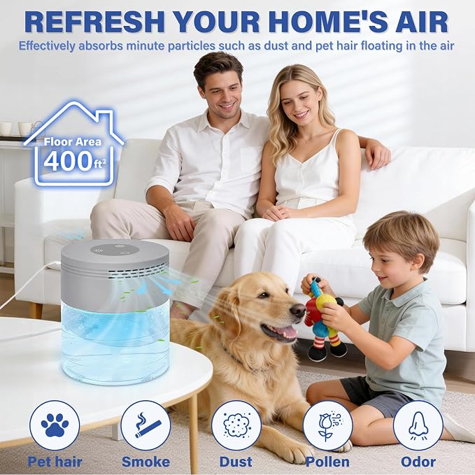 Water Air Purifier, Water Based Air Purifier for Home with 48H Auto Shut-off, 3 Speeds, Air Washer with 8 LED Night Lights, Air Freshener Revitalizer for Bedroom Office Room Pets Smoke