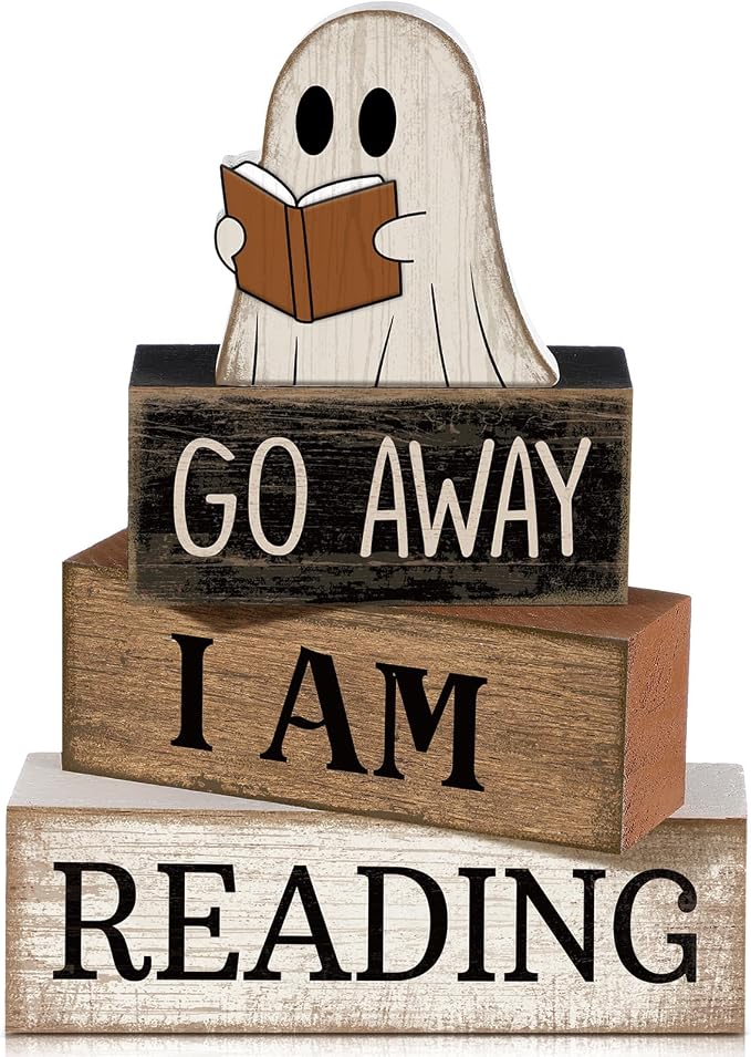 Moucuny 4 Pcs Halloween Table Decor Wooden Ghost Reading Stacked Block Sign | Rustic Farmhouse Centerpiece, Stacked Wood Signs With Ghost Reading Book, Tiered Trays And Shelves For Home Office Library