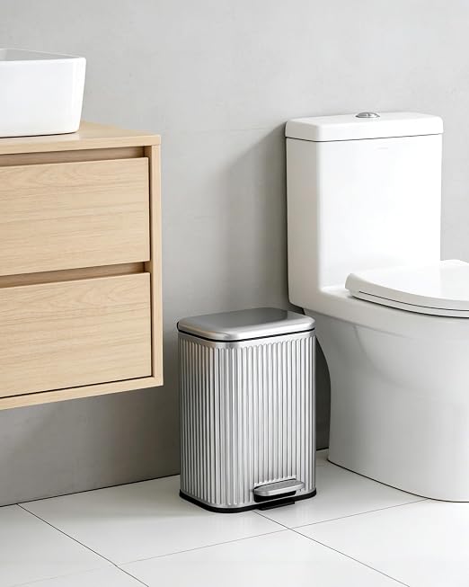 Soft-Close Step Trash Can – Stainless Steel Indoor Recycling Bin, Fluted Rectangular Design, Removable Inner Bucket, Waste Container for Bathroom, Kitchen, Office