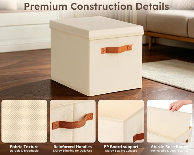 Storage Bins with Lids - Fabric Storage Baskets for Shelves, 6 Pack Foldable Decorative Boxes with Handles, Stackable Organizer Bins for Home, Nursery, Dorm, Beige