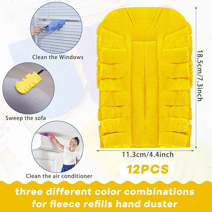 Zubebe 12 Pcs Reusable Duster Refills Fleece,Purple, Light Blue, Yellow | Soft Polyester Fiber Flat Duster Refill Multi Surface Washable Cleaning Pad Tools for Home, Blinds, Car, Pet, Furniture, Fans