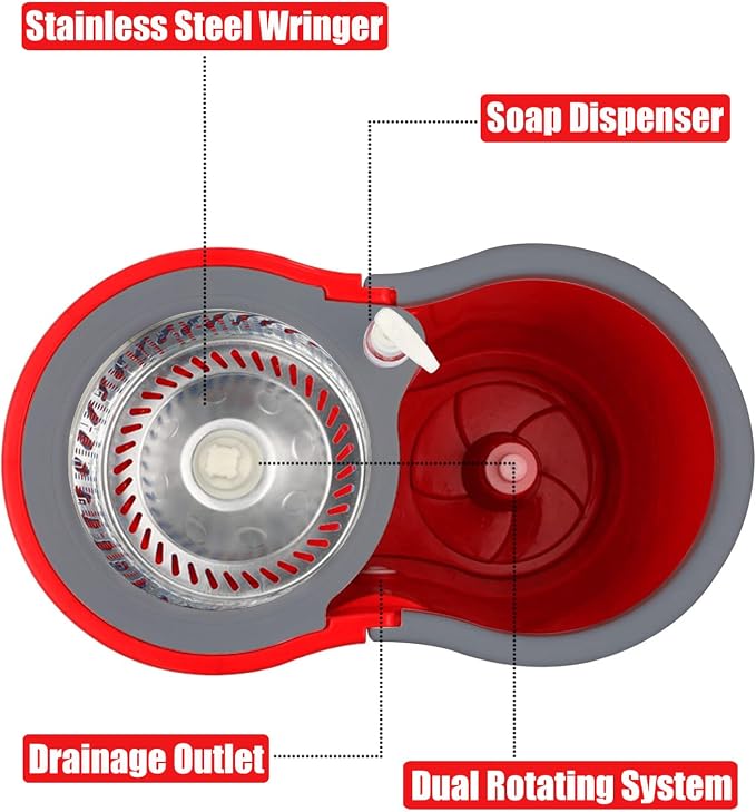 Spin Mop and Bucket with Wringer Set, 3 Mop Heads, 61" Adjustable Handle | 360° Spinning Mop Bucket System with 3 Microfiber Mop Heads & 61" Stainless Steel Adjustable Handle for Floor Cleaning