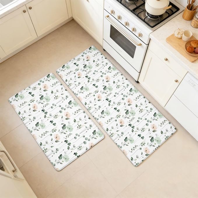 Feelyou Boho Floral Cushioned Kitchen Mats for Floor 2PCS Spring Tropical Leaves Waterproof Non Slip Kitchen Rugs for Kitchen, Office, Modern Farmhouse Abstract Flower, 17.3"x28"+17.3"x47"inch