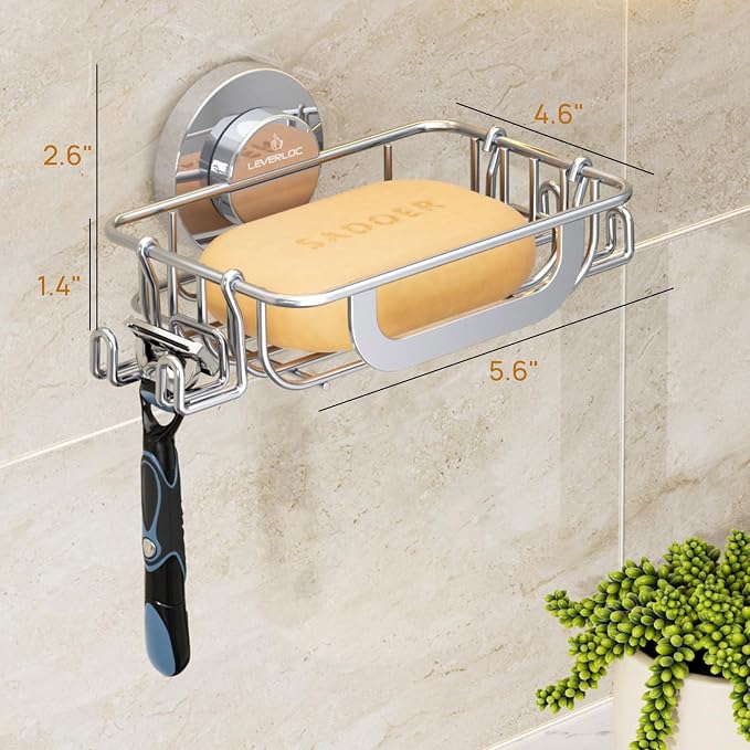 LEVERLOC Soap Holder, Soap Dish for Shower, Suction Cup Bar Soap Holder | Soap Bar Holder for Shower, Wall Mounted Self Draining, NO Drill Sponge Holder for Bathroom, Bathtub Kitchen Sink, Silver