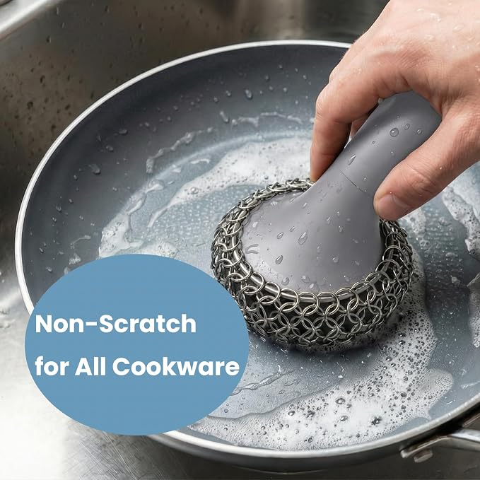 Cast Iron Scrubber with Long Handle Dish Scouring Pad Chainmail Cleaner | 316 Cast Iron Scrubber for Pan Skillet, Dishwasher Safe Cleaning Kit (Grey, 1 Scrubber + 1 Scraper)