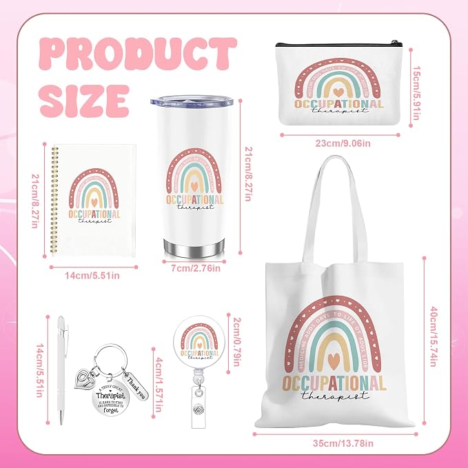 7 Pcs Occupational Therapy Appreciation Gifts Graduation OT Gifts | Flower Canvas Tote Bag Makeup Bag Tumbler Mug OT Spiral Journal Notebook Ballpoint Pen Badge And Keychain