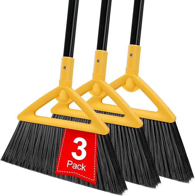 Heavy Duty Yellow Angle Broom with Long Handle - 3 Pack | Versatile Indoor/Outdoor Sweeping, for Courtyard/Garage/Sidewalk/Kitchen/Lobby/Canteen, Durable & Efficient