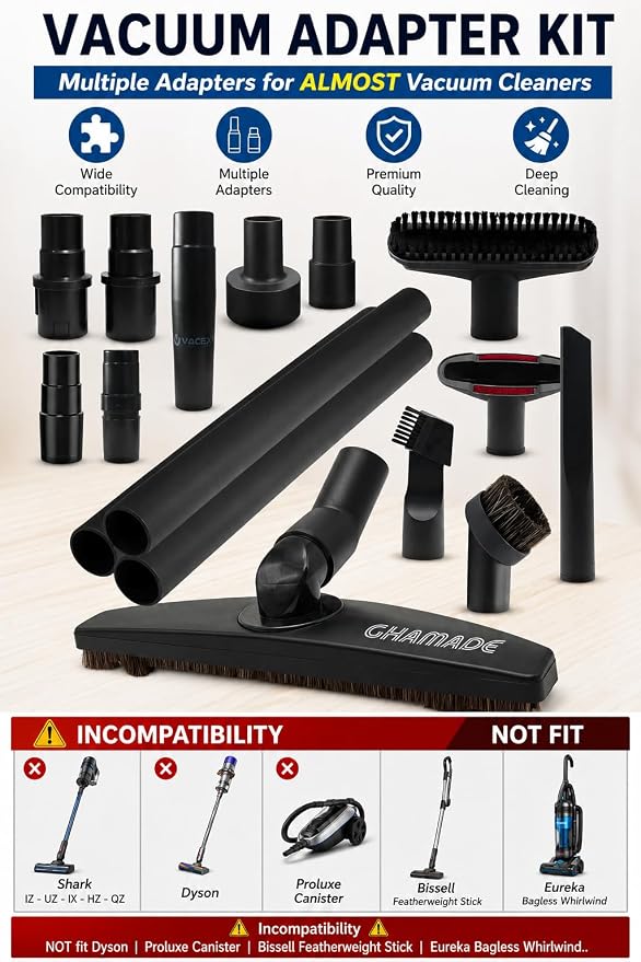 Universal Vacuum Attachments Hardfloor Brush and Replacement Accessories for Vacuum Cleaners - Horsehair Hardwood Floor Attachments and Vacuum Hose Adapter Kit - Vacuum Attachments for Car Detailing