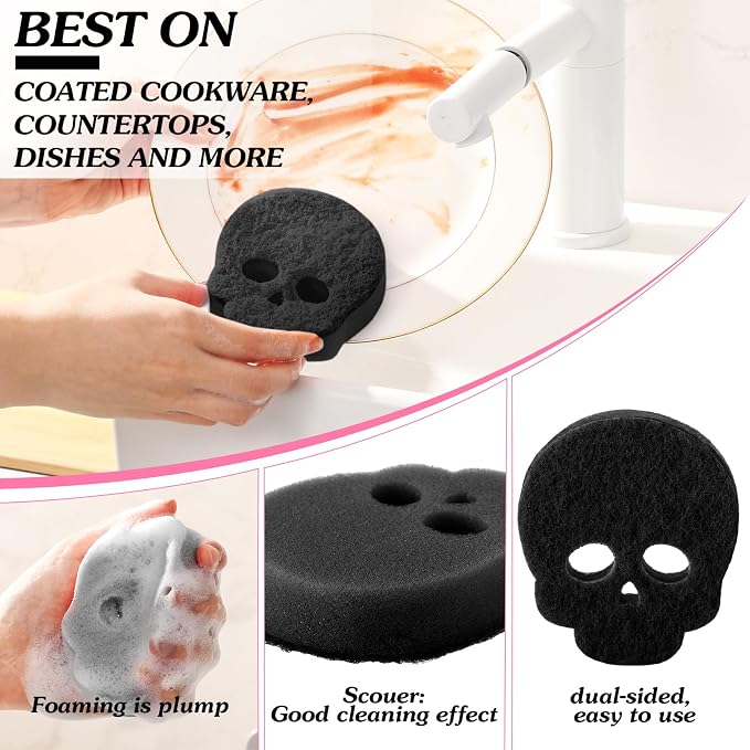 Tioncy 12 Pack Halloween Skull Kitchen Sponges, Black | Dual Sided Scrubber, Gothic Halloween Decor, Reusable Non Scratch Dishwashing, for Cookware Pot Boiler Pan Household