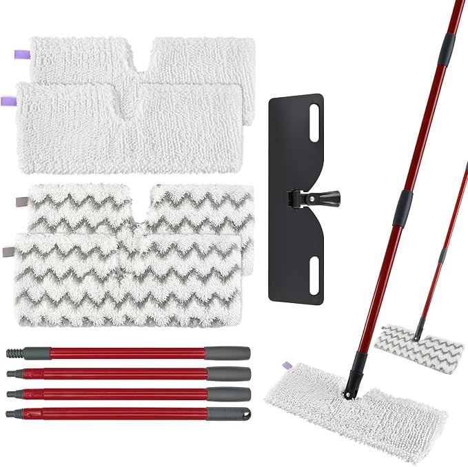 Mops for Floor Cleaning with 58" Long Handle and 4 Microfiber Mop Pads | Dust Mop for Hardwood Floors, 2 Heavy Scrub Mop Pads, 2 Microfiber Pads, 4 Section Adjustable Handle, Double-sided Flat Mop
