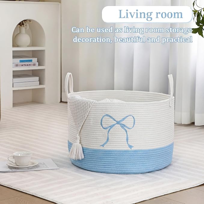 Honeydak Large Blue Laundry Basket Bow Hamper for Blanket Bow Laundry Basket 13 x 20 Inches Cotton Rope Hamper Blue Coquette Storage Toys Clothes Teens Girls Room Nursery Organization