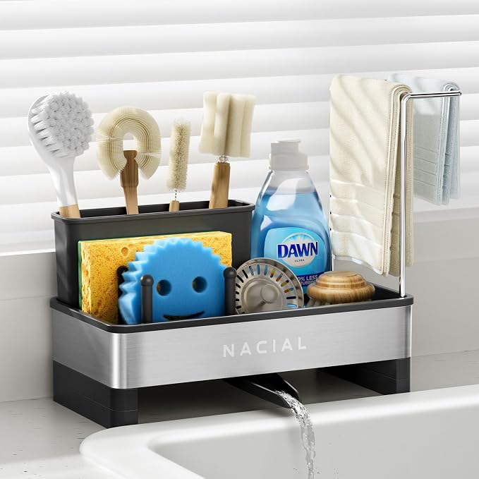 Nacial Kitchen Sink Organizer, Sink Caddy with Sponge & Tall Brush Holder | 304 Stainless Steel Kitchen Countertop Organizer with Double-Bar Towel Holder, Stores Sponge, Brush, Towel & Sink Essentials