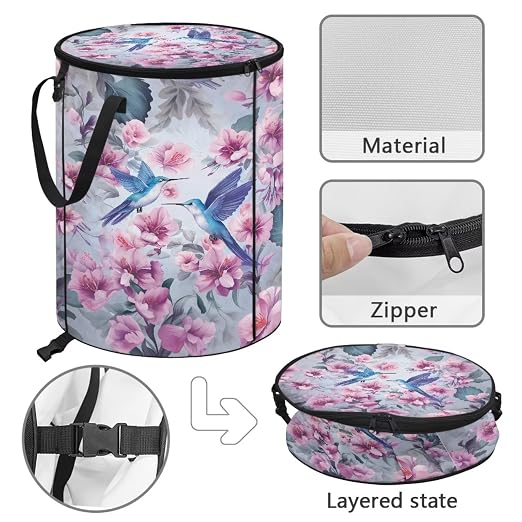 BIGCARJOB Hummingbird Outdoor Trash Can Floral Garbage Bins Outside Pop Up Recycle Garbage Cans Collapsible Trash Can with Zipper Lid and Clip, 22.83x17.71 in