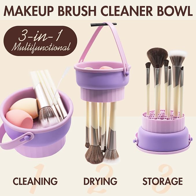 Makeup Brush Cleaner Mat, Brush Cleaner Bowl For Deep Cleaning Tools, 3 in 1 Cleaning Tool Makeup Organizer Storage for Brushes, Powder Puffs, and Sponges(Purple)