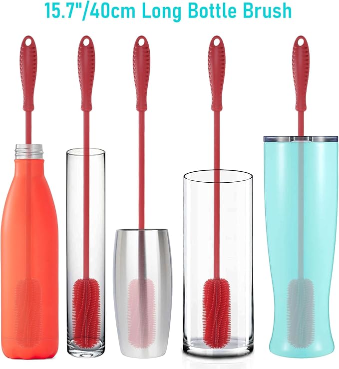 Silicone Bottle Brush, 15.7" Water Bottle Cleaner Brush, Red | Water Bottle Cleaner for Baby Bottles, Hydro Flask, Sports Bottle, Vase, Glassware, for Smaller Diameter Bottle Openings