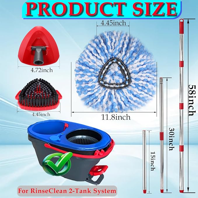 RinseClean Spin Mop Replacement Head Spin Mop Refills for O-Cedar RinseClean Microfiber Spin Mops 2-Tank System, 2 Microfiber Mop Refills, 1 Triangle Head Cover, 1 Scrubber Head and Handle for Ocedar