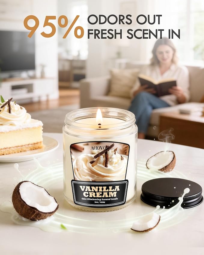 AOOVOO 4 Pack Vanilla Cream Odor Eliminating Candle Set - 36 oz Non Toxic | Eliminates 95% of Smoke, Food, Pet and Other Smells Quickly, Up to 200 Hours Burn time, Highly Fragranced Air Freshing Candle