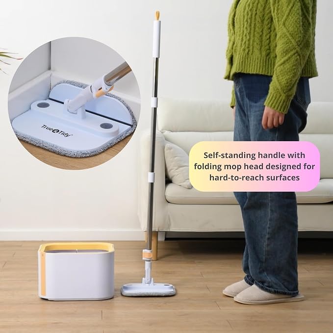 True & Tidy Square Spin Mop with Detachable Bucket, 4 Machine Washable Pads