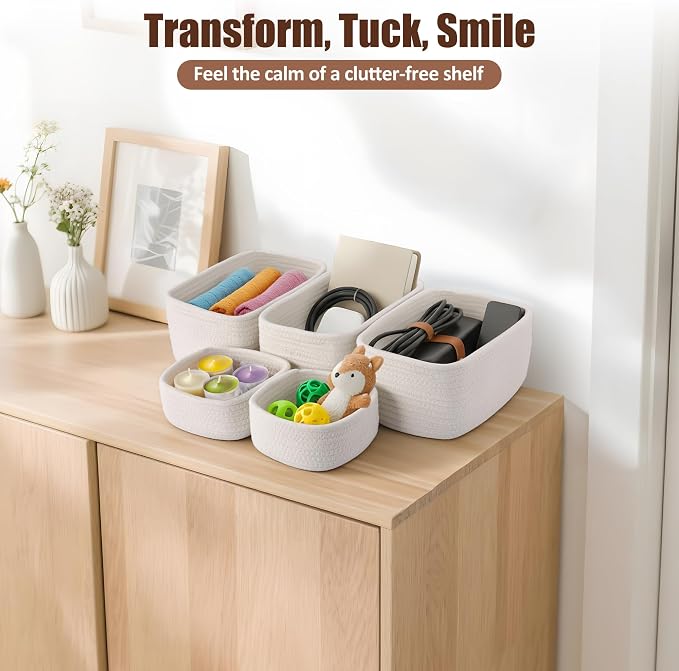 5-Pack Small Woven Rope Storage Baskets, 2 Sizes Organizer Bins | Fabric Cube Boxes and Rectangular Shallow Bins for Closet, Shelf, Bookshelf, Nursery, Changing Table, Bathroom, Toys & Home