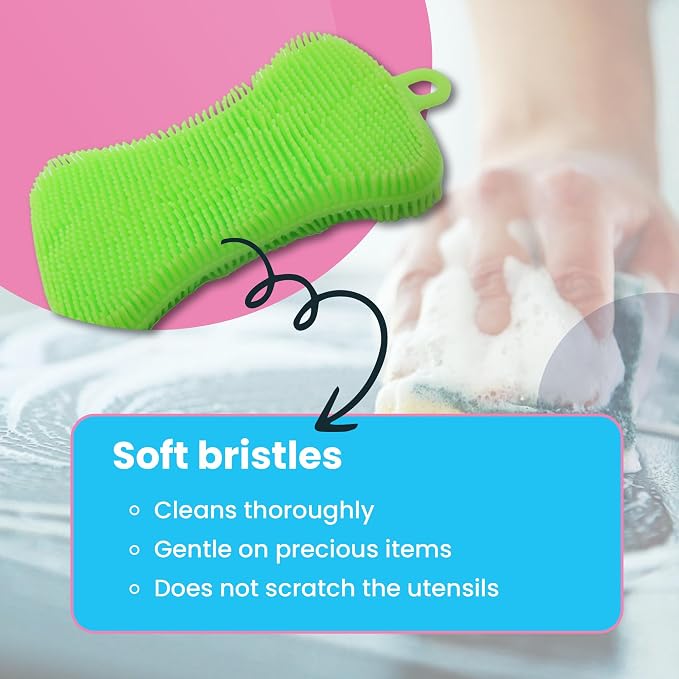 Gadgetime USA Silicone Dish Sponge - Dishwashing Kitchen Scrubber - Double Sided Sponge Brush - Multipurpose & Reusable Silicone Dish Sponges for Dishes, Fruits & Vegetables Cleaning - Pink (3 Pack)