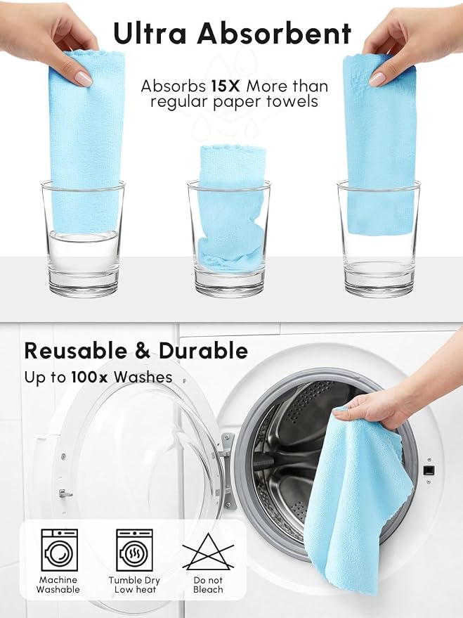 Microfiber Cleaning Cloths Roll 75 Pack 12x12 Inch Lint Free | Tear away design, lint free, washable, scratch free, ultra absorbent, for dish rags and household cleaning, blue color