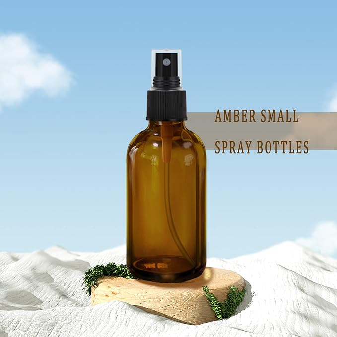 GIVAMEIHF Amber Spray Bottles about 4oz Empty Small Glass Spray Bottle Fine Mist Spray Refillable Containers, Set of 16, Included 24 nozzles, 2 Funnels, 2 Droppers, 24 Labels