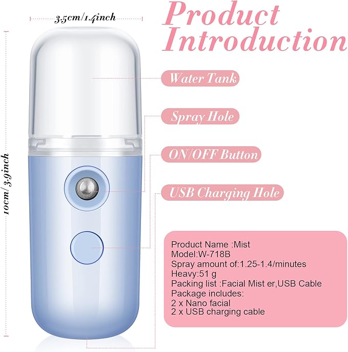 Honoson 2 Pack Nano Facial Mister for Lashes Sprayer,White and Blue | USB Rechargeable Handheld Humidifier with Eyelash Extensions, 1 Oz Portable Sprayer Ideal for Makeup Skin Hydration