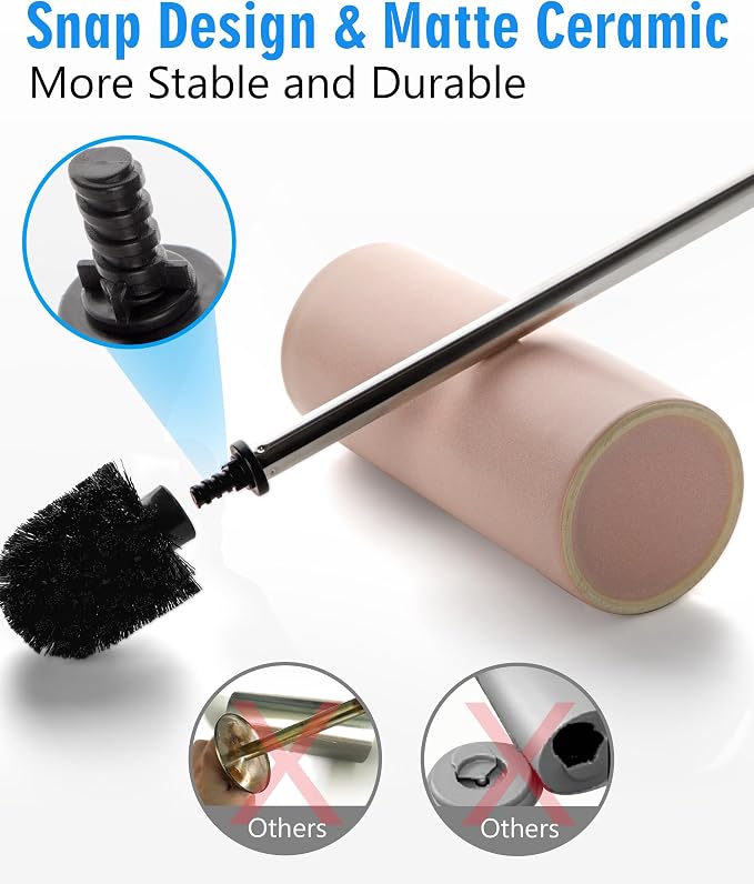 Matt Pink Ceramic Toilet Brush and Holder Set | Freestanding Toilet Bowl Cleaners Brush, Scrubber Brush for Toilet, Bathroom Accessories with Stainless Handle, Deep Cleaning