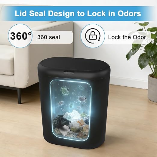 Naisu 4 Gallon Automatic Sensor Trash Can with Lid, 2 Pack Sealed Slim Design Waterproof Bathroom & Kitchen Garbage Bin, Motion Sensor Technology, Ideal for Small Spaces (Black)