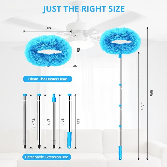 SetSail Ceiling Fan Cleaner Duster, with Extension Pole for Cleaning, Blue | Microfiber Ceiling Fan Duster, 13 to 48 Inch, Washable, Ceiling Fan Blade Dusters