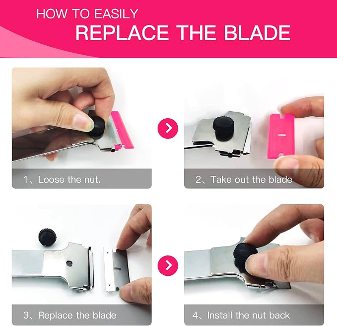 Razor Blade Scraper, 2 PCS Razor Scraper Tool for Removing Label, Registration Sticker, Tint, Grease from Windshield, Appliance, Glass（Pink）