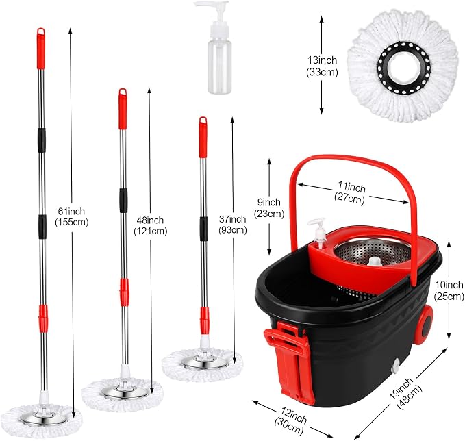 Spin Mop and Bucket with Wringer Set on Wheels, 3 Mop Heads, 61" Handle | 360° Spinning Mop Bucket System with 3 Microfiber Heads and 61" Stainless Steel Adjustable Handle for Floor Cleaning