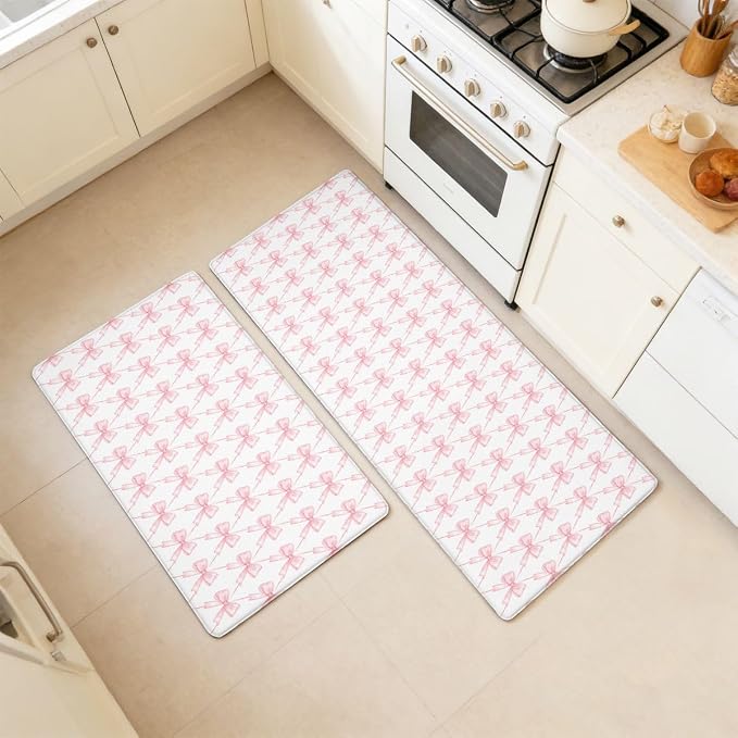 Feelyou Pink Bow Kitchen Rugs 2PCS Cute Bowknot Kitchen Mats Cushioned Anti Fatigue Girls Bow Non-Slip Standing Desk Mat Waterproof Floor Rug Set,17.32x29.53+17.32x47.24 inch