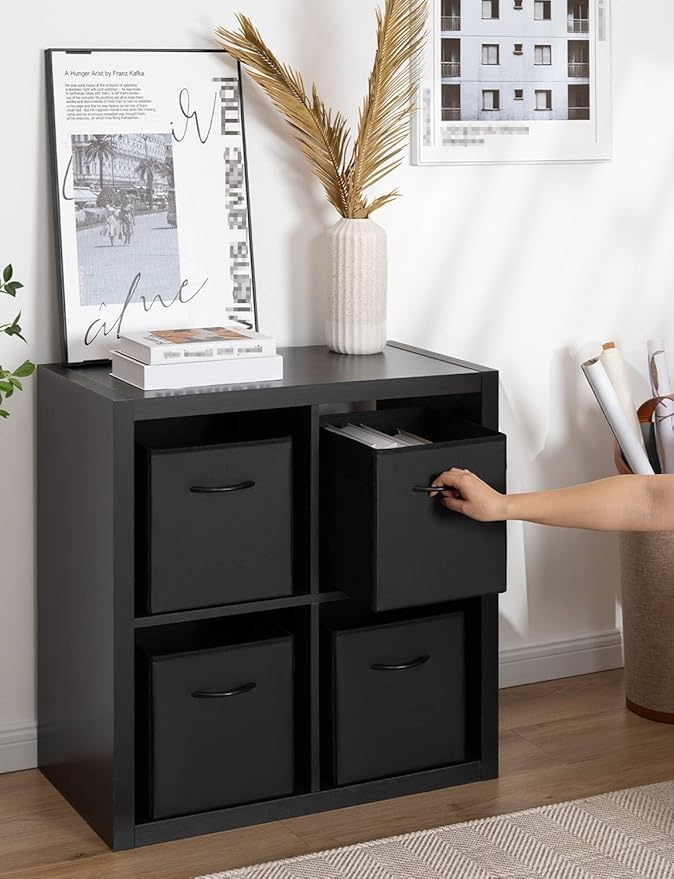 StorageWorks 11in Storage Cubes, Leather Cube Organizer Bins, Black, 4-Pack | Reinforced Handle & Front Panel, Faux Leather Front, Non-woven Fabric, Collapsible, Space-Saving, For Closet, Bedroom, Office