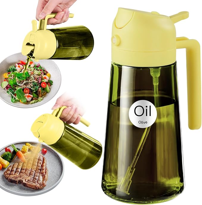 YARRAMATE 16oz/470ml Light-Blocking Dark Oil Sprayer for Cooking, 2 in 1 Olive Oil Dispenser Bottle for Kitchen, Premium Dark Green Glass Oil Bottle, Food-Grade Oil Mister for Air Fryer, BBQ (Pomelo)