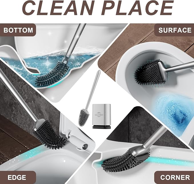 Silicone Toilet Brush, Ventilation Slots Base Holder 1 Pack Silver | Flexible Bristles Flat Head for Rim, Hair Tangle-Free, Easy to Clean, Compact Design, Rustproof Handle, for Toilet/Sink/Tub