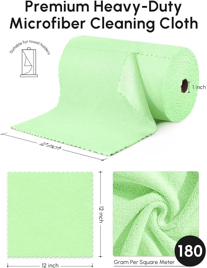 Microfiber Cleaning Cloths Roll 75 Pack 12x12 Inch Lint Free | Tear away design, lint free, washable, scratch free, ultra absorbent, for dish rags and household cleaning, Green color
