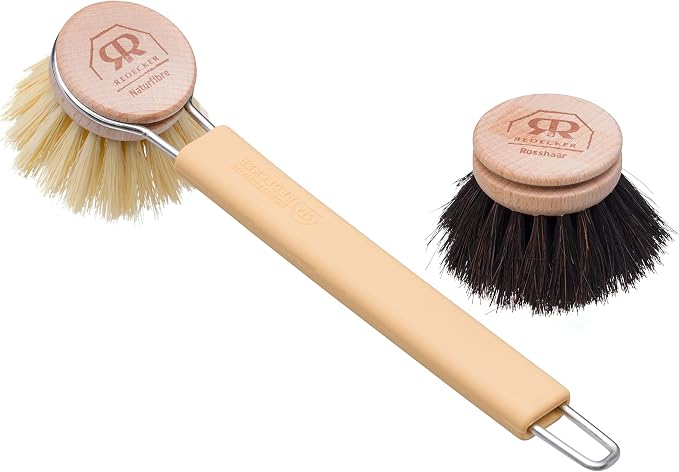 Redecker Dish Brush Set, Silicone Handle – Sand with Tampico & Horsehair Heads – Sustainable Cleaning System, Made in Germany