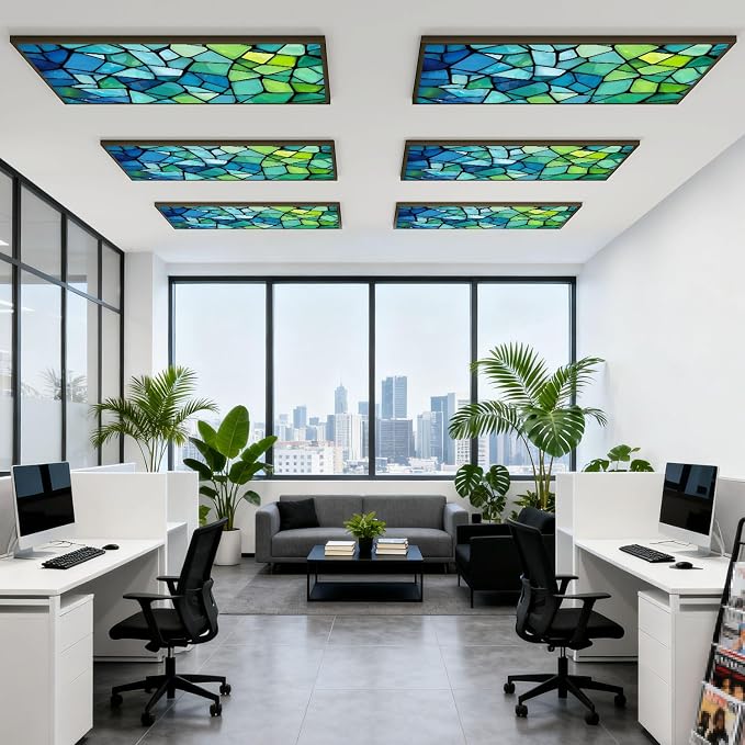 6 Pcs Fluorescent Light Covers for Ceiling Lights abstract stained glass mosaic blue green Magnetic Decorative Shade Filters 4x2 ft for Classroom Office Hospital Decor
