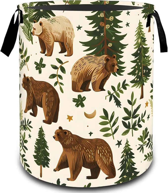 Woodland Bear Forest Laundry Basket, Dirty Collapsible Clothes Toy Organizer Hamper for Kids Adults, Oxford Cloth Waterproof Storage Bin for Bedroom Bathroom Nature Decor Gifts, 19.7"X15.7"