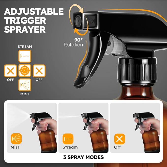 Tecohouse 360° 16 oz Clear Glass Spray Bottles with Silicone Sleeve 2 Pack | 360° All-Angle Spray, Non‑slip Silicone Protective Covers, for Cleaning Solutions, Plants, Hair Care (Black & Brown)