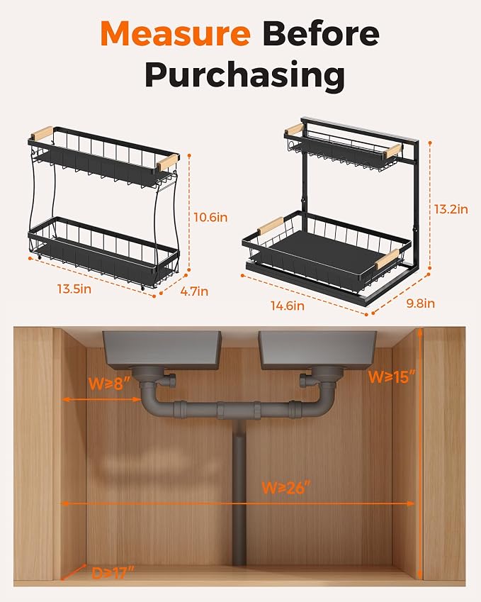 2026 Upgraded 3-Pack 2-Tier Adjustable Height Under Sink Organizer, Black | Multi-purpose metal storage shelf with sliding shelves for kitchen, bathroom, pantry & laundry cabinet