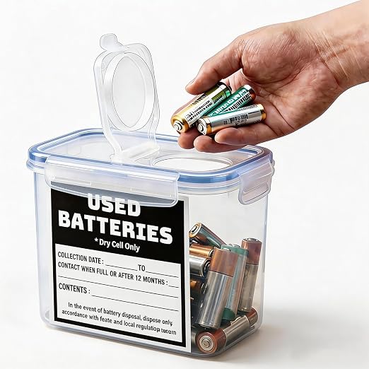 Battery Recycling Container with Battery Tester for Household Batteries, Compact Small Used Battery Disposal Container with Flip-up lid for Home Use, Office, Garage, Schools (1.3L)