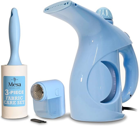 Inspired Living Fabric Care Kit – 3-Piece Clothes Care Set with Handheld Steamer, Lint Roller & Fabric Shaver/Defuzzer – Travel Steamer & Wrinkle Remover Kit – Blue Egg